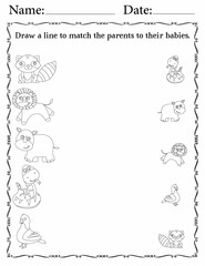 Printable Matching Activity Pages for Kids | Matching Activity Worksheets for Kindergarten | Match Animals to Their Babies