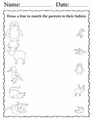 Matching Activity sheet for Kids | Matching Activity Worksheets for Kindergarten | Match Animals to Their Babies