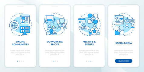 Digital nomad community blue onboarding mobile app screen. Remote worker walkthrough 4 steps editable graphic instructions with linear concepts. UX, GUI template. Myriad Pro-Bold, Regular fonts used