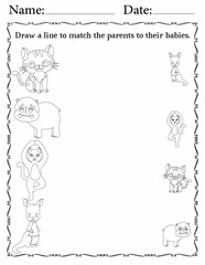 Printable Matching Activity sheet for Kids | Preschool Activity Worksheets for Fun | Match Animals to Their Babies