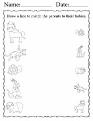 Matching Activity Pages for Kids | Matching Activity Worksheets for Children | Match Animals to Their Babies