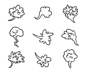 Comic fart cloud. Bad stink balloon. Explosion, angry breath. Cloud of smoke gas in comic style. Funny flatulence symbol. Set of vector illustration isolated on white background.