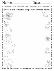 Matching Activity sheet for Kids | Matching Activity Worksheets for Homeschooling | Match Animals to Their Babies