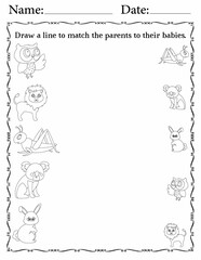 Printable Matching Activity Pages for Kids | Matching Activity Worksheets for Homeschooling | Match Animals to Their Babies