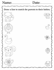 Printable Matching Activity Pages for Kids | Matching Activity Worksheets for Logical Thinking | Match Animals to Their Babies