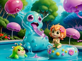 Cute Slime Creatures on Swimming Pool, Generative AI Illustration