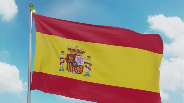 Flag Of Spain Moving In The Wind With A Clear Blue Sky In The Background, Clouds Slowly Moving, Flagpole, Slow Motion