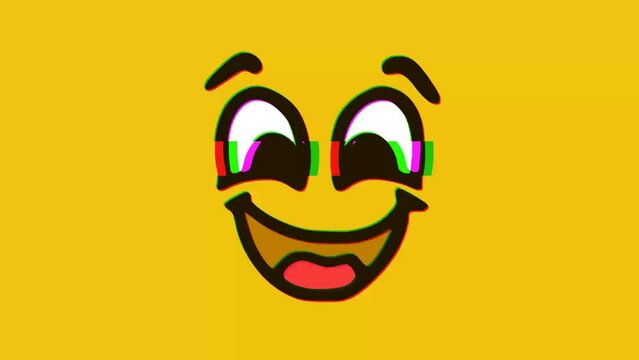 Happy funny face emoticon with glitch effect on yellow background, Cartoon face expressions animation, Emoji motion graphics.