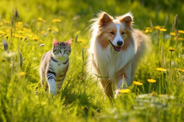 a fluffy cat and a cheerful dog walk through a sunny spring meadow