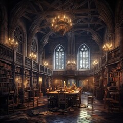 Fototapeta na wymiar medieval library, gothic reading room interior with desks, old mysterious castle, fictional interior created with generative ai