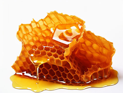 A honeycomb with honey on a white background.