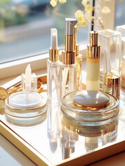 Cosmetics makeup stand Attractive skin care products on your face