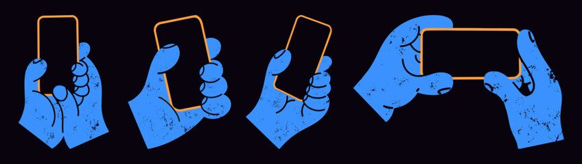 hands holding mobile phones with social media icons.