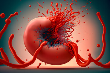 Blood vessel with an enlarged ball filled with blood, blood. A dangerous disease aneurysm, the threat of hemorrhage, heart attack, stroke. Splashes, drops, pressure. Abstract model. Generative AI