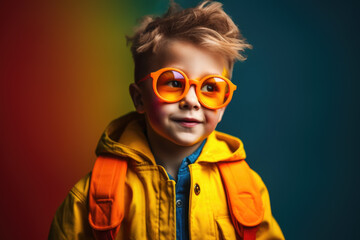 schoolboy with glasses with backpack is ready to go to school for education. generative AI