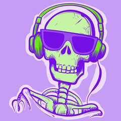 Illustration of a purple and green skeleton with sunglasses and headphones. Vector of a human skull with bones listening to music
