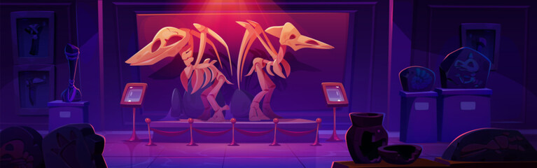 Fossil pterodactyl dinosaur skeleton in museum vector cartoon illustration. Dino animal bone and skull exhibit on pedestal in hall room with red spotlight. Prehistoric paleontology gallery interior © klyaksun