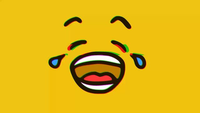 Crying face emoticon with glitch effect on yellow background, Cartoon face expressions animation, Emoji motion graphics.
