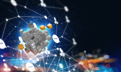 Concept of Internet and networking with digital cube figure on dark background