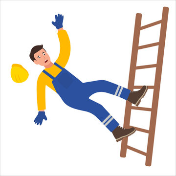 Worker in a helmet falling from step ladder. Industrial safety and occupational health at work.Vector Illustration