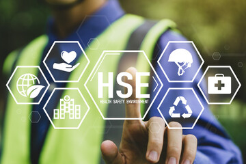 HSE - health safety environment concept.Construction inspector in uniform is checking industrial...