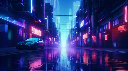 Beautiful neon night in a cyberpunk city. Photorealistic 3d illustration of the futuristic city. Empty street with blue neon lights Generative AI