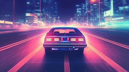 Plakat Car speed drive on the road in night city. Retro wave neon noir lights color toning Generative AI