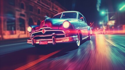Plakat Car speed drive on the road in night city. Retro wave neon noir lights color toning Generative AI