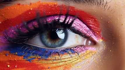 Close up view of female eye with bright multicolored fashion makeup. Holi indian color festival inspired. Studio macro shot Generative AI