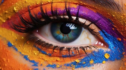 Close up view of female eye with bright multicolored fashion makeup. Holi indian color festival inspired. Studio macro shot Generative AI