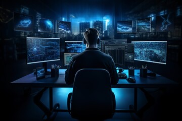 hacker front of his computer committing digital cybercrime, data fraud background concept, generative ai