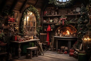 Santa Claus workshop, christmas interior background concept, generative ai