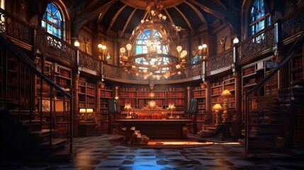 Obraz premium medieval library, gothic reading room interior with desks, old mysterious castle, fictional interior created with generative ai