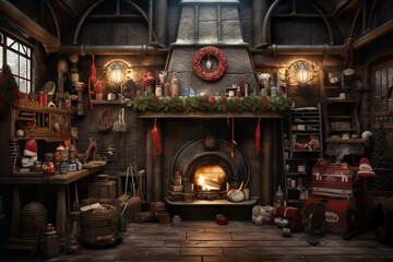 Santa Claus workshop, christmas interior background concept, generative ai