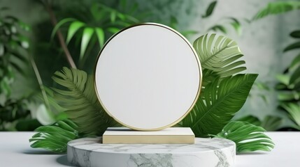 3d background products display stone podium scene with leaf. Marble podium.