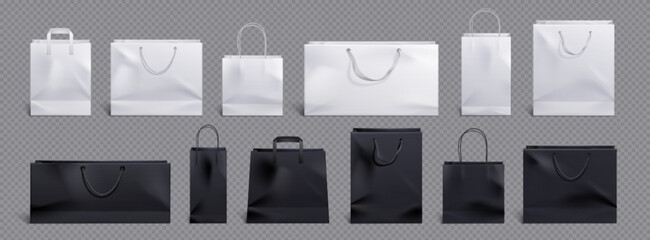 White and black paper bag and handle vector mockup. Shopping package mock up to carry food front view icon merchandising design collection. 3d retail reusable branding merchandise illustration