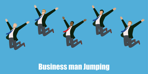 ビジネススーツを着た様々な人種の男性ビジネスマンがジャンプするフラットイラストセット。　成功、飛躍、跳躍のイメージ