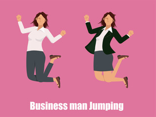 ビジネススーツを着た東洋系女性のビジネスマンがジャンプするフラットイラストセット。成功、飛躍、跳躍のイメージ