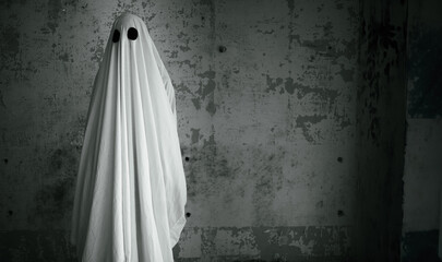 Ghost in a white sheet on wall background in abandoned house. Black and white