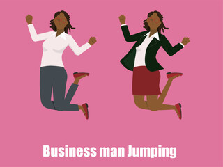 ビジネススーツを着た黒人女性のビジネスマンがジャンプするフラットイラストセット。成功、飛躍、跳躍のイメージ