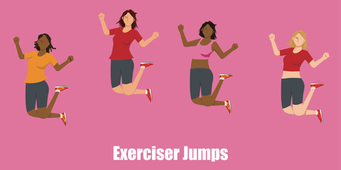 運動着を着た様々な人種の女性がジャンプするフラットイラストセット　喜び、成功飛躍跳躍のイメージ