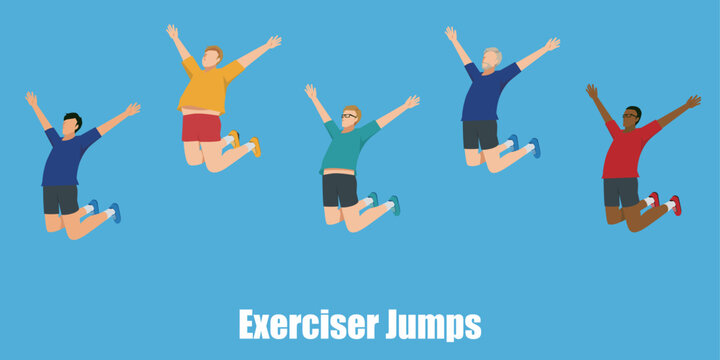 運動着を着た様々な人種の男性がジャンプするフラットイラストセット　喜び、成功飛躍跳躍のイメージ