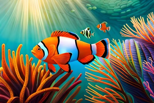 many clown fishes in sea water generated AI