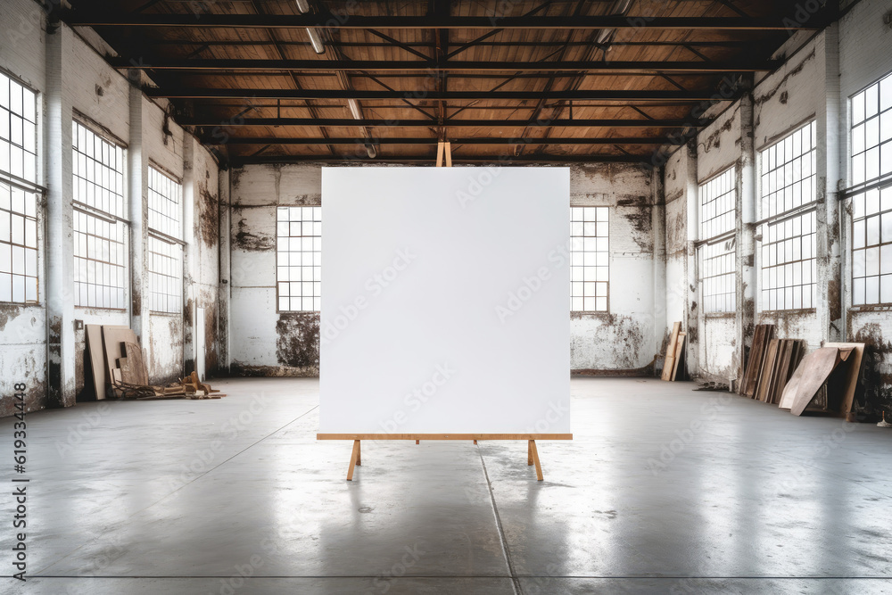 Poster white blank canvas with free space for your design in a factory loft extreme closeup. generative ai