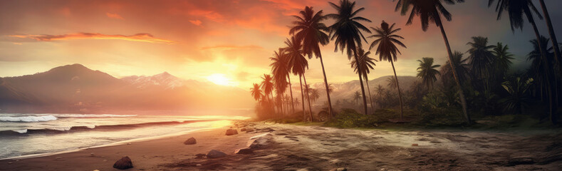 Sunset on the Ocean Sand Beach with Palm Trees Landscape extreme closeup. Generative AI