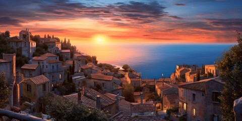 mediterranean landscape with ocean and sunset sky, beautiful island with a ancient village, fictional landscape created with generative ai