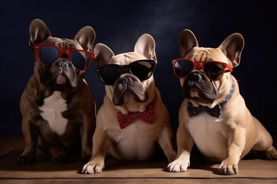 Cute French Buldogs Family in Sunglasses extreme closeup. Generative AI