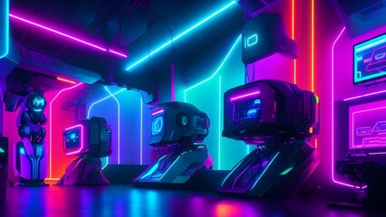 Future tech room with tech gadgets, robots, and colorful neon RGB lighting, very attractive look