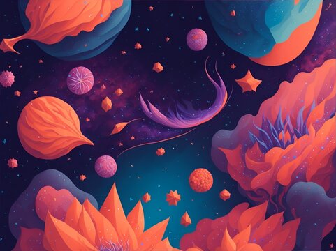 A detailed illustration of the galaxy with stars and crystals, fantasy flower splashes, pastel tetradic colors of red, orange and blue flora, landscape made with Generative AI.