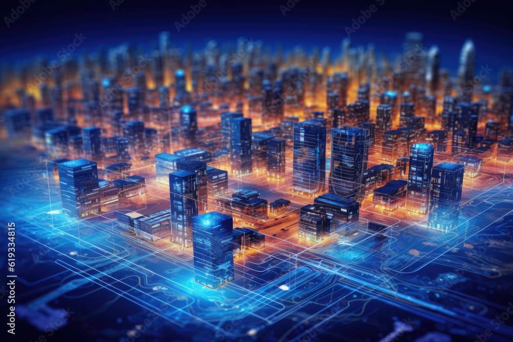 Aufkleber Computer Motherboard With a CPU Processor in the Shape of an Abstract Digital City extreme closeup. Generative AI